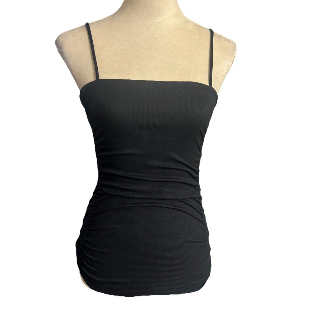 Free People Intimately On your Side Ruched Black Spaghetti Strap Bodysuit XS